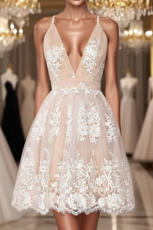 Champagne v neck tulle lace short prom Dress champagne tulle bridesmaid Dresses