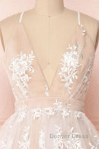 Champagne v neck tulle lace short prom Dress champagne tulle bridesmaid Dresses