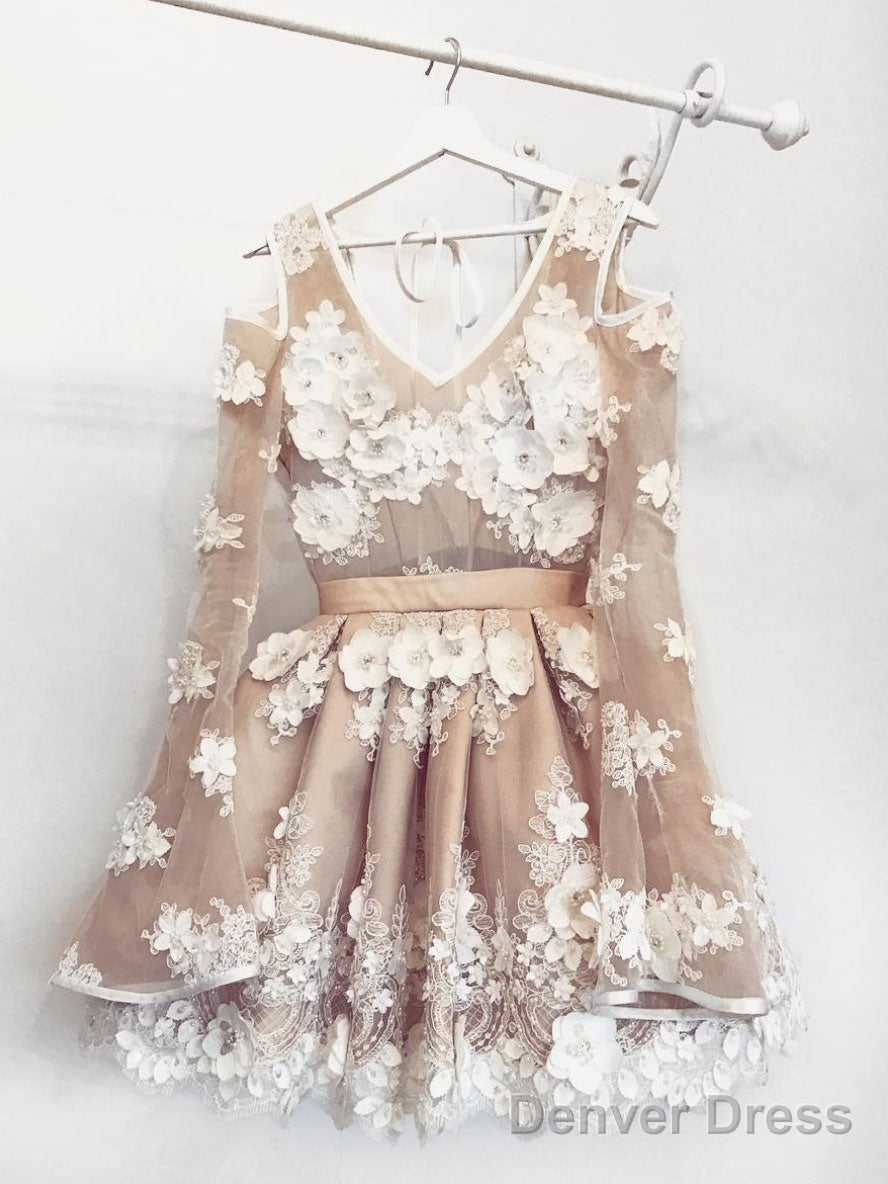 Champagne V Neck Tulle Lace Short Prom Dress Lace Bridesmaid Dresses Main image