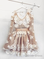 Champagne V Neck Tulle Lace Short Prom Dress Lace Bridesmaid Dresses