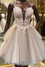 Champagne v neck tulle lace short prom Dress lace homecoming Dresses