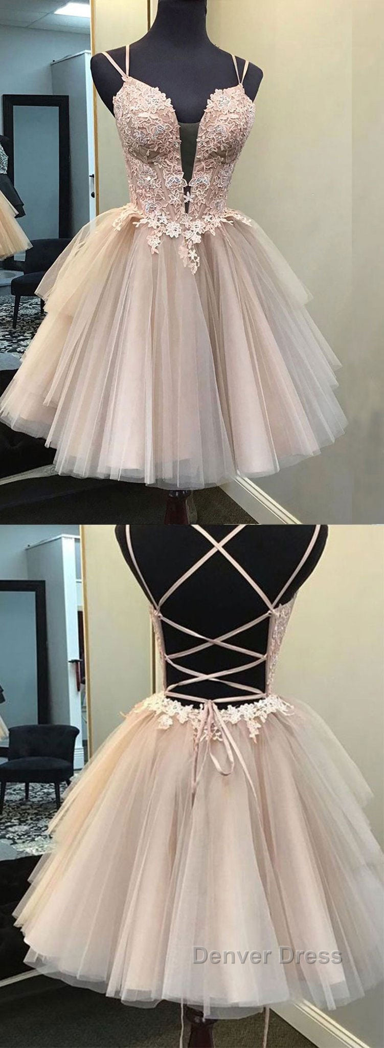 Champagne v neck tulle lace short prom Dress lace homecoming Dresses