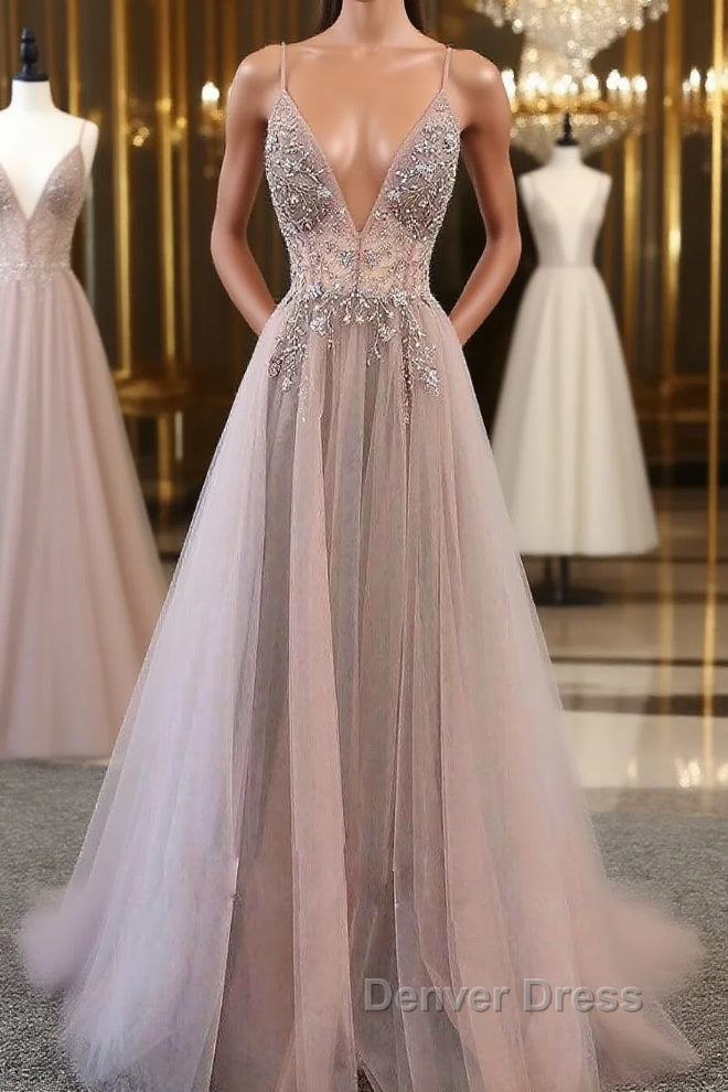 Champagne v neck tulle long prom Dress, champagne Prom Dresses Main image