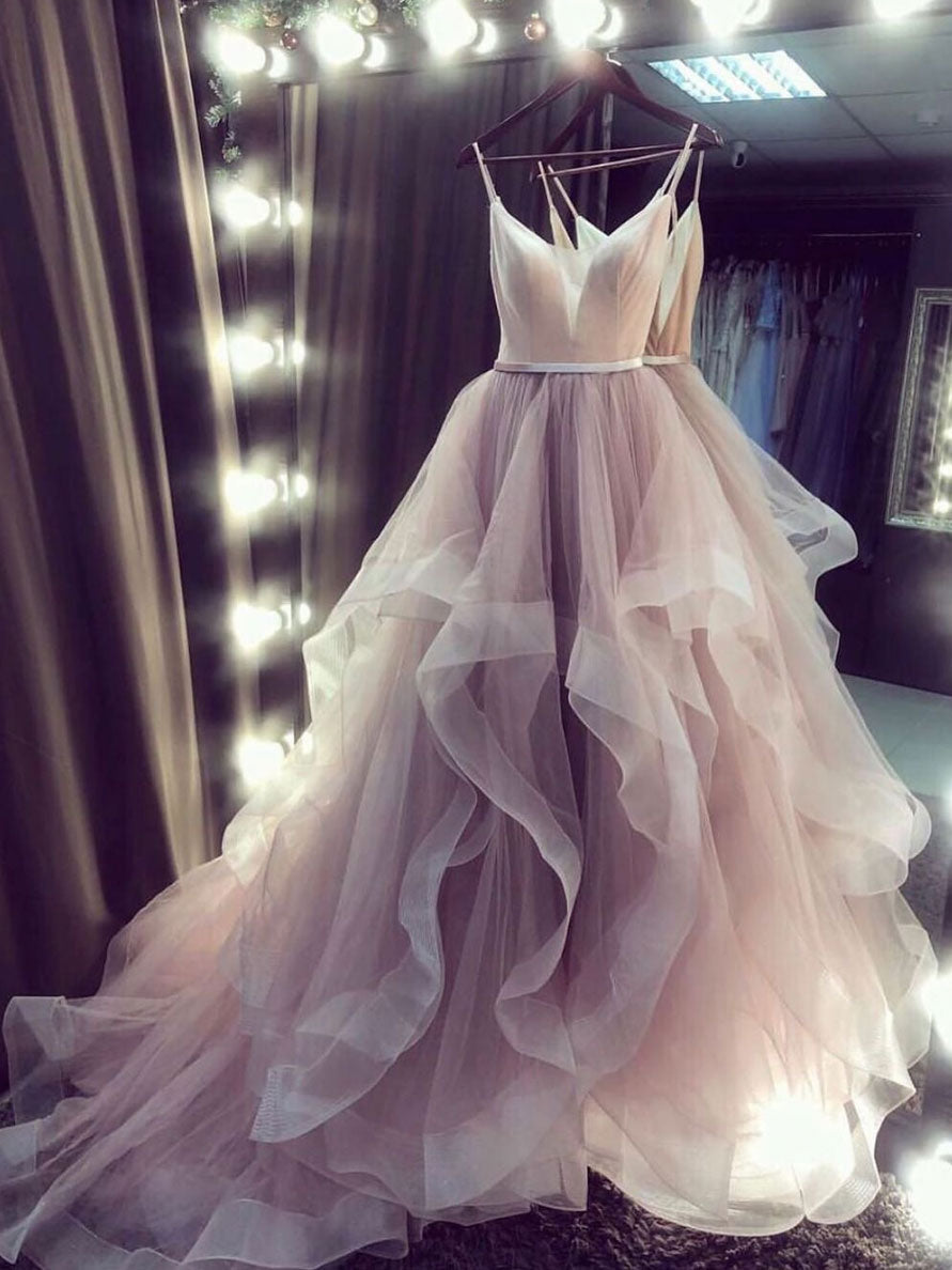 Champagne V Neck Tulle Long Prom Dresses Champagne Evening Dresses