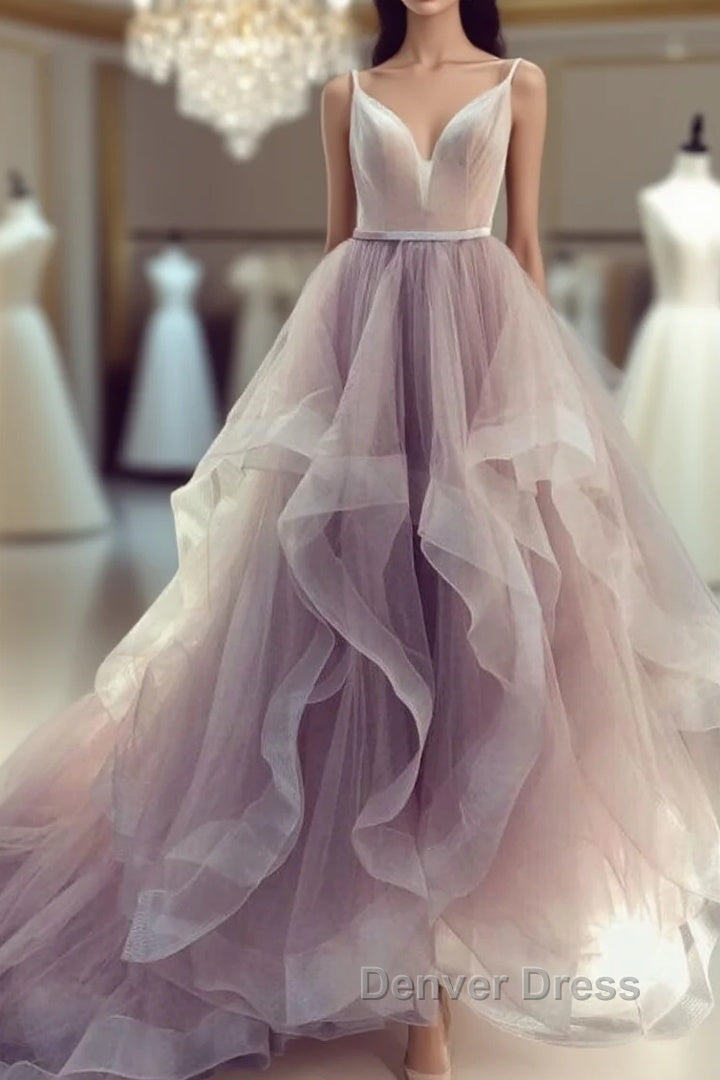Champagne v neck tulle long prom Dress champagne tulle Prom Dresses Main image