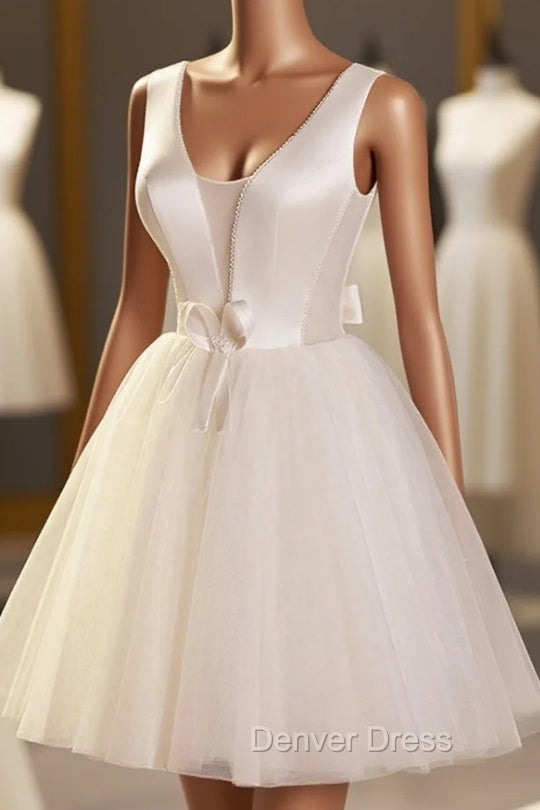 Champagne V Neck Tulle Short Prom Dress, Champagne Homecoming Dresses