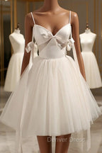 Champagne V Neck Tulle Short Prom Dress, Spaghetti Straps Prom Dresses with Bow