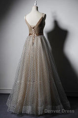 Champagne V-Neckline Straps Long Party Dress Prom Dress, A-Line Tulle Evening Dresses