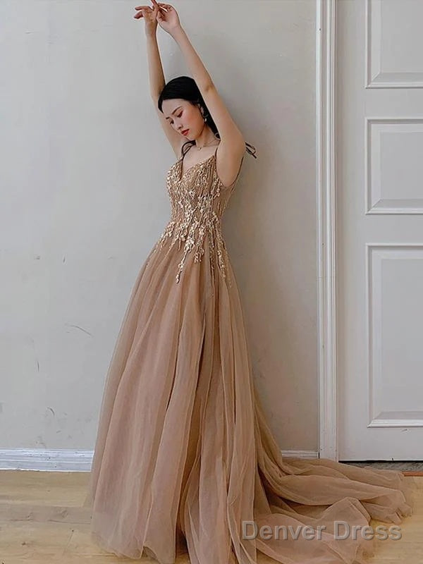 Champagne V-Neckline Tulle With Lace Prom Dress, A-Line Tulle Prom Dresses Secondary image