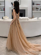 Champagne V-Neckline Tulle With Lace Prom Dress, A-Line Tulle Prom Dresses