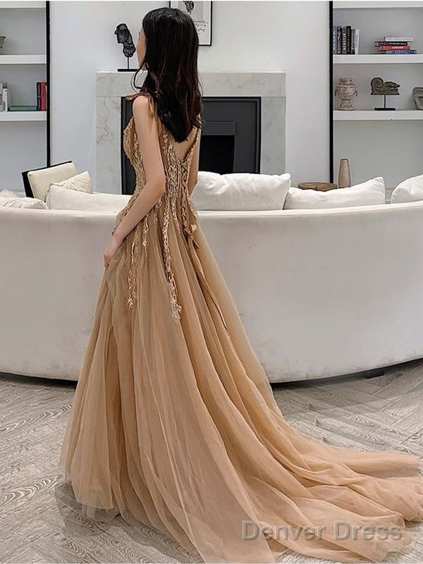 Champagne V-Neckline Tulle With Lace Prom Dress, A-Line Tulle Prom Dresses