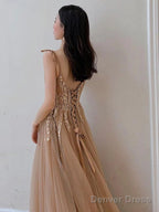 Champagne V-Neckline Tulle With Lace Prom Dress, A-Line Tulle Prom Dresses