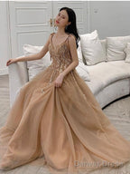 Champagne V-Neckline Tulle With Lace Prom Dress, A-Line Tulle Prom Dresses