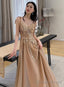 Champagne V-Neckline Tulle With Lace Prom Dress, A-Line Tulle Prom Dresses