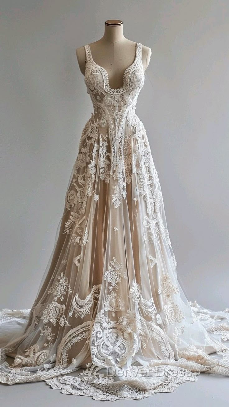 Champagne Vintage A-Line Spaghetti Strap Lace Tulle Long Prom Dresses Wedding Dresses