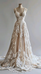 Champagne Vintage A Line Spaghetti Strap Lace Tulle Long Prom Dress Wedding Dresses
