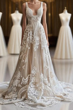 Champagne Vintage A-Line Spaghetti Strap Lace Tulle Long Prom Dresses Wedding Dresses