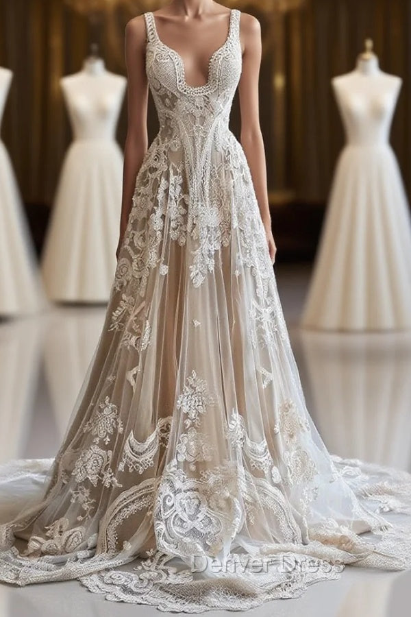 Champagne Vintage A-Line Spaghetti Strap Lace Tulle Long Prom Dresses Wedding Dresses