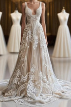 Champagne Vintage A Line Spaghetti Strap Lace Tulle Long Prom Dress Wedding Dresses