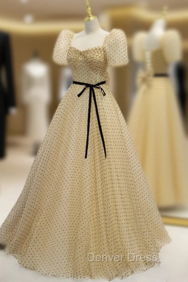 Champagne Wave Point Puff Sleeve Prom Dresses