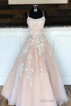 Puffy Spaghetti Straps Prom Dress With Appliques Long Prom Dresses