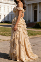 Champagne Ruffled A-Line Square Neck Long Prom Dresses