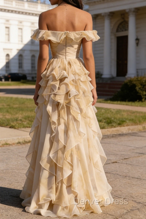 Champagne Ruffled A-Line Square Neck Long Prom Dresses