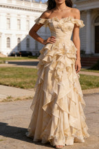 Champagne Ruffled A-Line Square Neck Long Prom Dresses