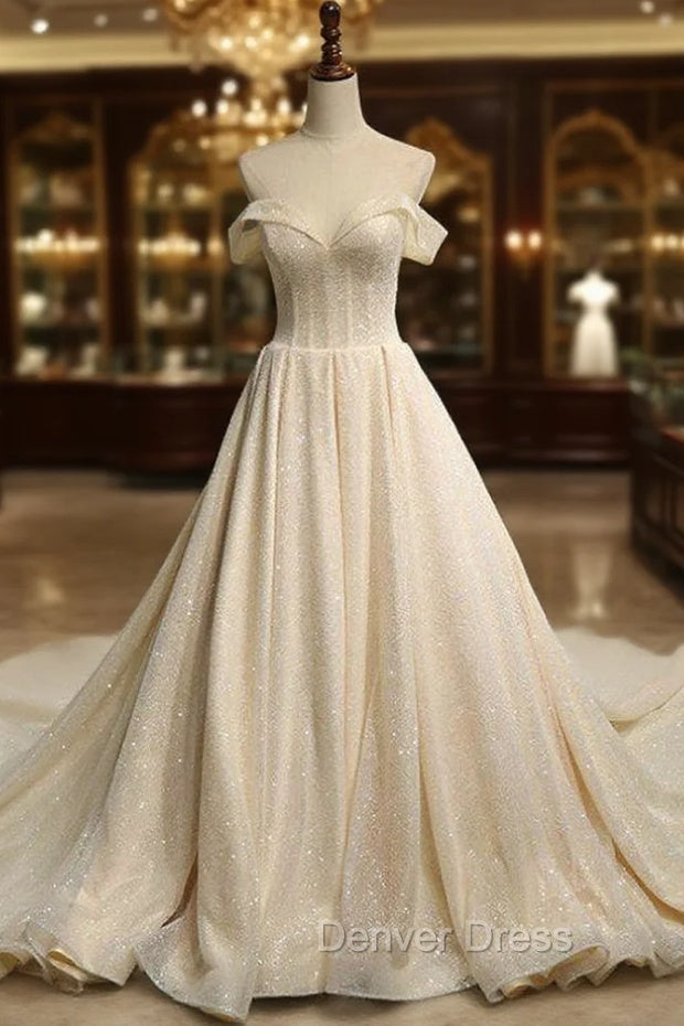 Champange Ball Gowns Tulle Off The Shoulder Backless Wedding Dresses