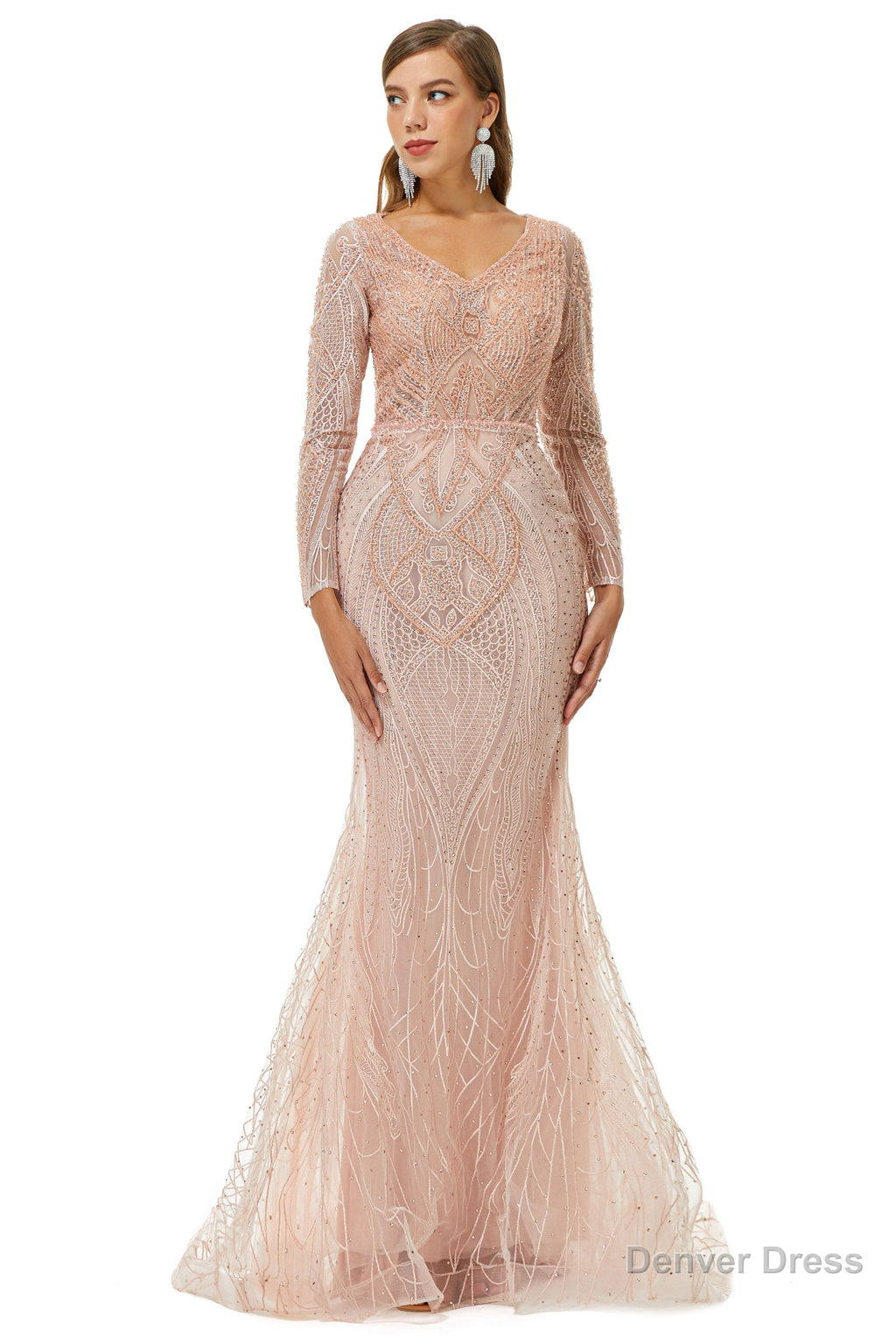 Neckline Long Sleeve Mermaid Lace Pattern Tulle Beading Prom Dresses