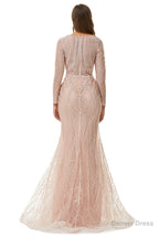 Neckline Long Sleeve Mermaid Lace Pattern Tulle Beading Prom Dresses