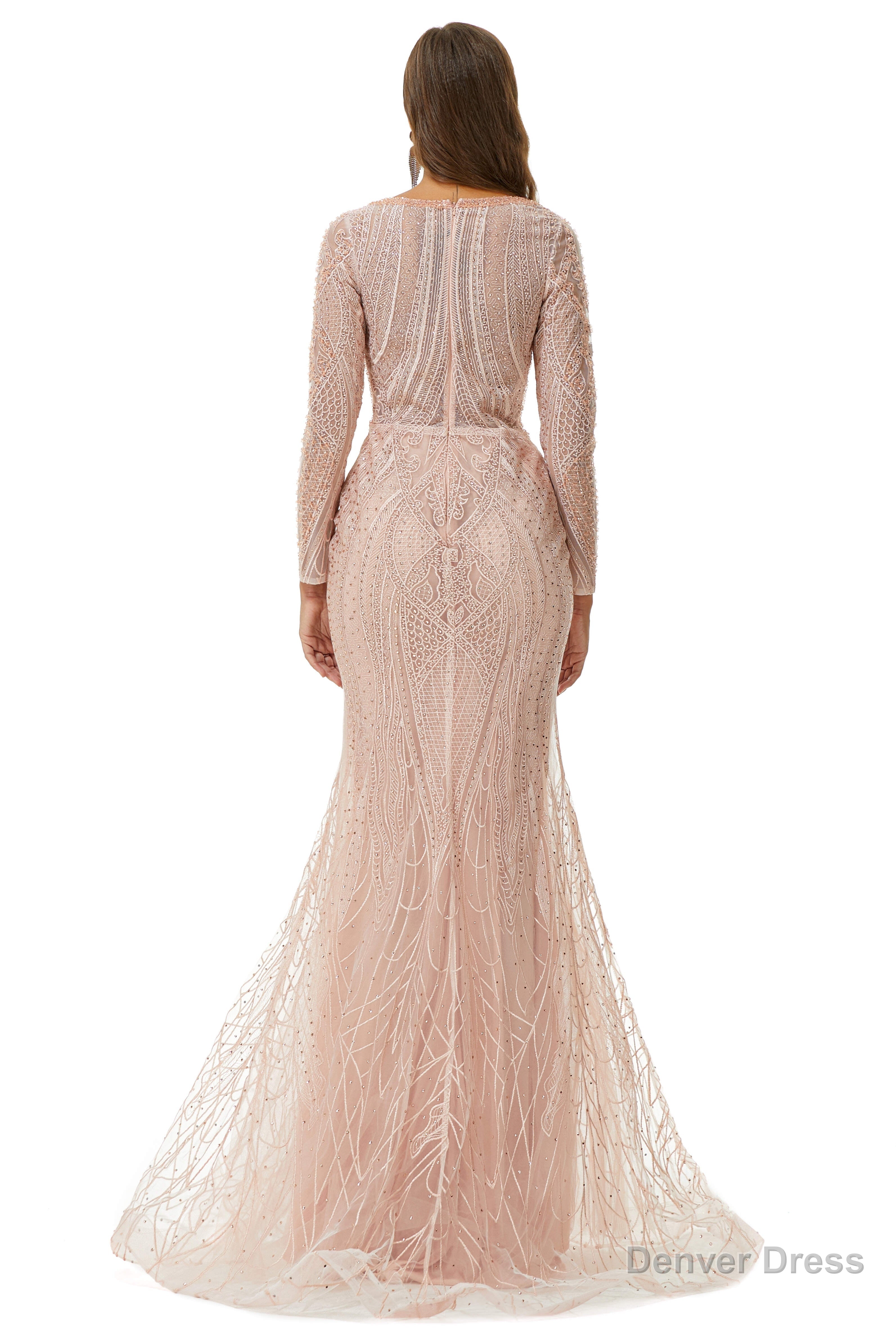 Neckline Long Sleeve Mermaid Lace Pattern Tulle Beading Prom Dresses
