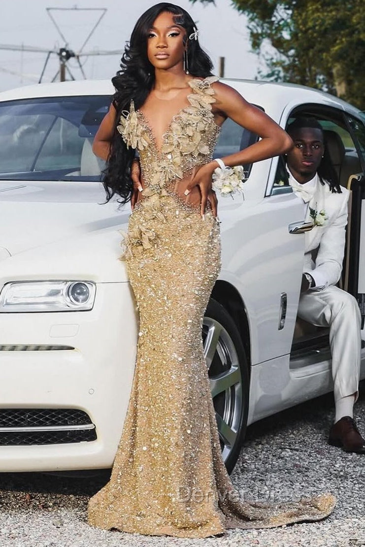 Champange Sleeveless Flowers Sequin Column Floor length Sparkle Prom Dresses Main image