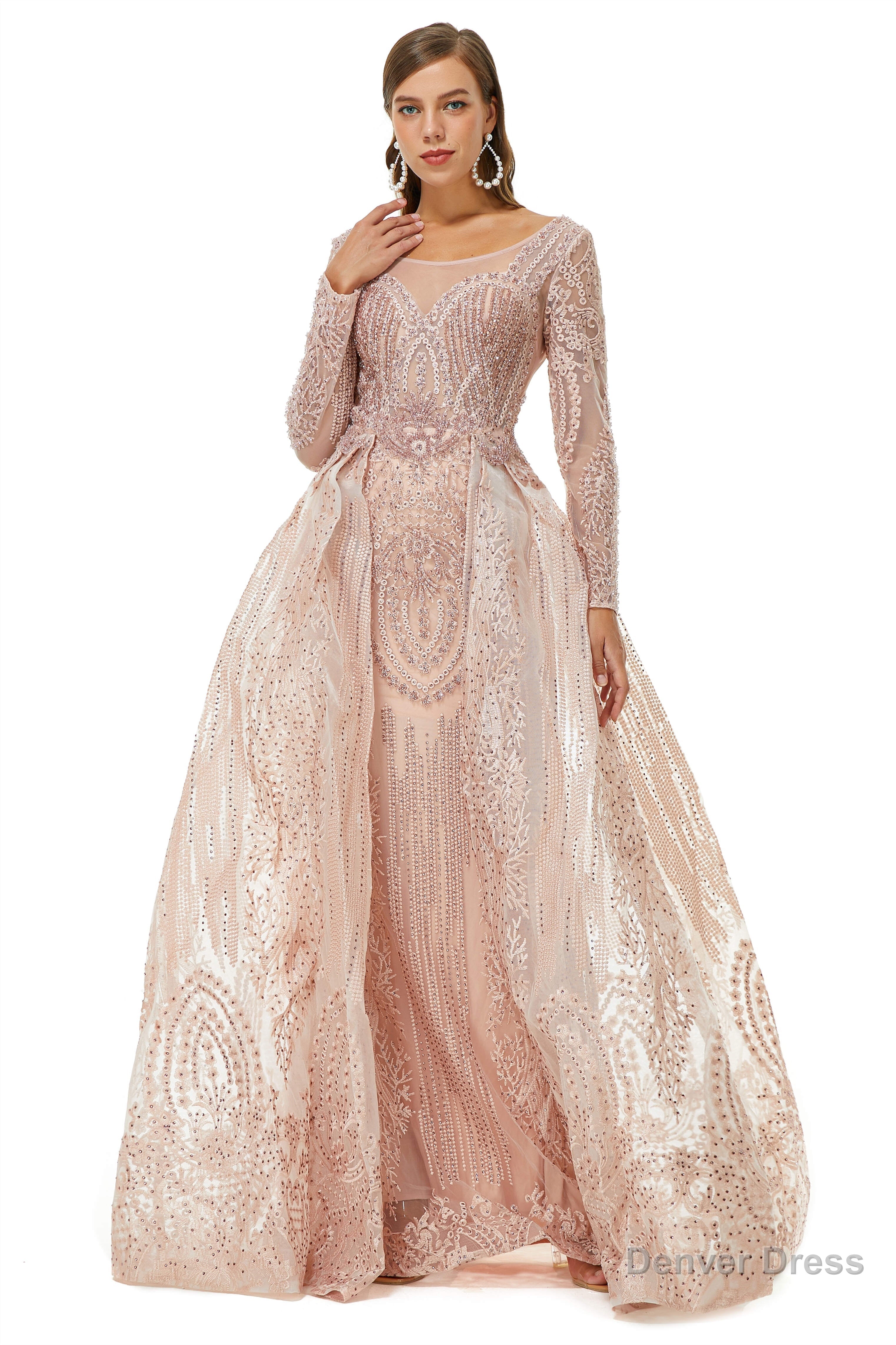 Champange Sparkle Beaded Long Sleeves Prom Dresses