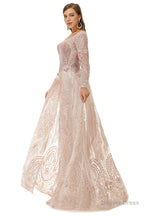 Champange Sparkle Beaded Long Sleeves Prom Dresses