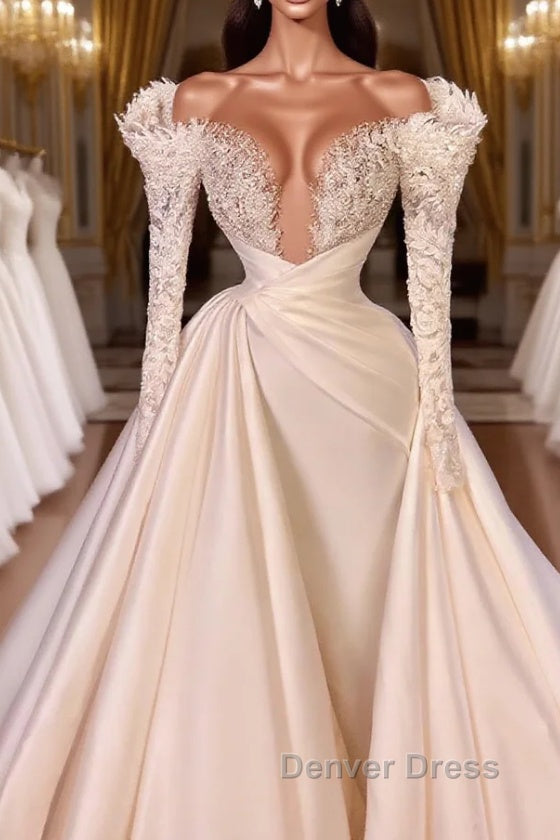 Charming A-Line Cathedral V-Neck Long Wedding Dresses With Long Sleeves Main image