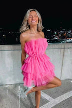Line Hot Pink Short Homecoming Dress, Strapless Prom Dresses