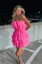 Line Hot Pink Short Homecoming Dress, Strapless Prom Dresses