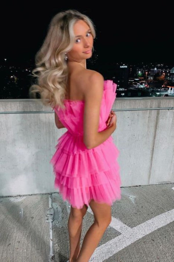 Line Hot Pink Short Homecoming Dress, Strapless Prom Dresses