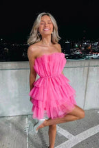 Line Hot Pink Short Homecoming Dress, Strapless Prom Dresses