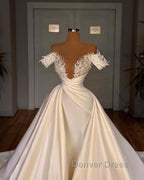 Charming A Line Off The Shoulder Cathedral V Neck Long Wedding Dresses
