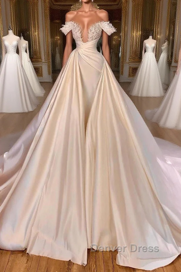 Charming A-Line Off-the-shoulder Cathedral V-Neck Long Wedding Dresses Main image