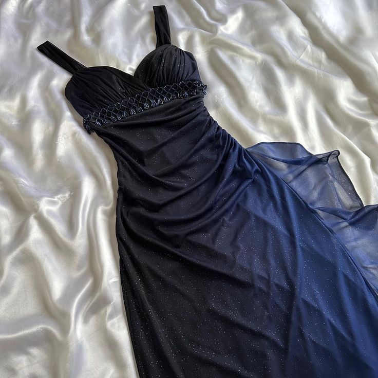 Charming A Line Spaghetti Strap Beaded Navy Blue Ombre Chiffon Prom Dress