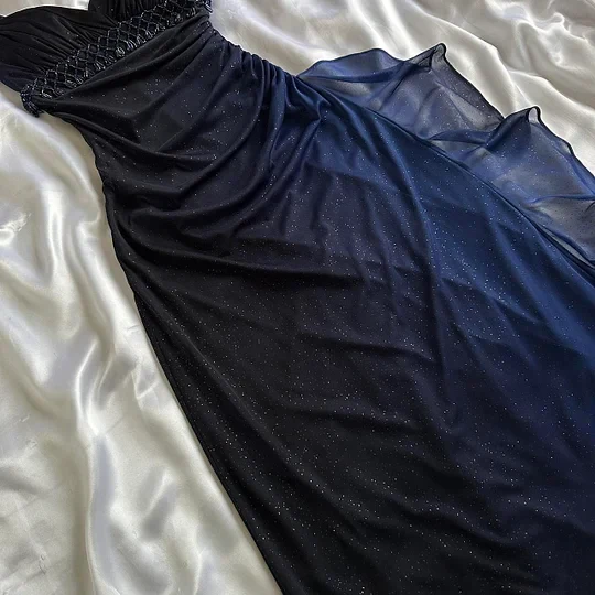 Charming A Line Spaghetti Strap Beaded Navy Blue Ombre Chiffon Prom Dress
