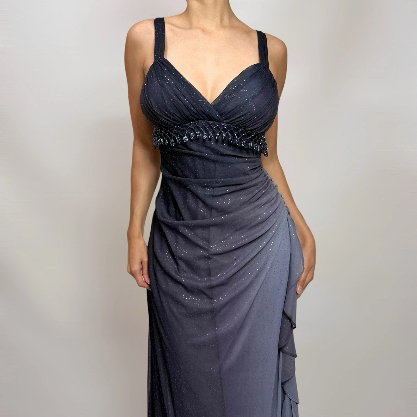 Charming A Line Spaghetti Strap Beaded Navy Blue Ombre Chiffon Prom Dress