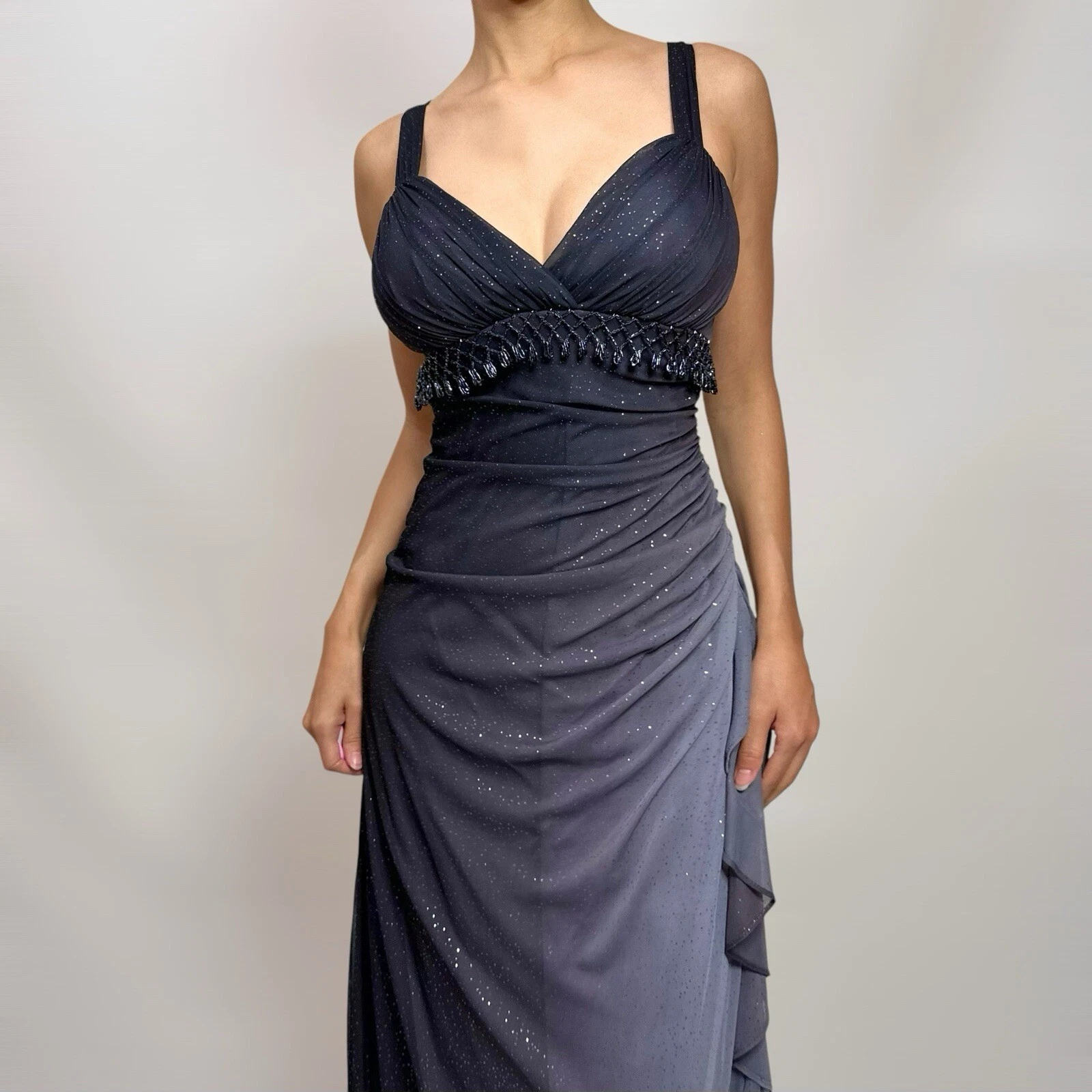 Charming A Line Spaghetti Strap Beaded Navy Blue Ombre Chiffon Prom Dress