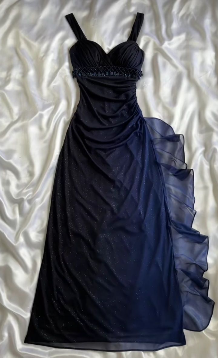 Charming A Line Spaghetti Strap Beaded Navy Blue Ombre Chiffon Prom Dress