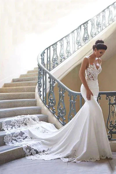 Charming Appliques Lace Mermaid Wedding Dresses With Straps, Sexy Sleeveless Prom Gowns
