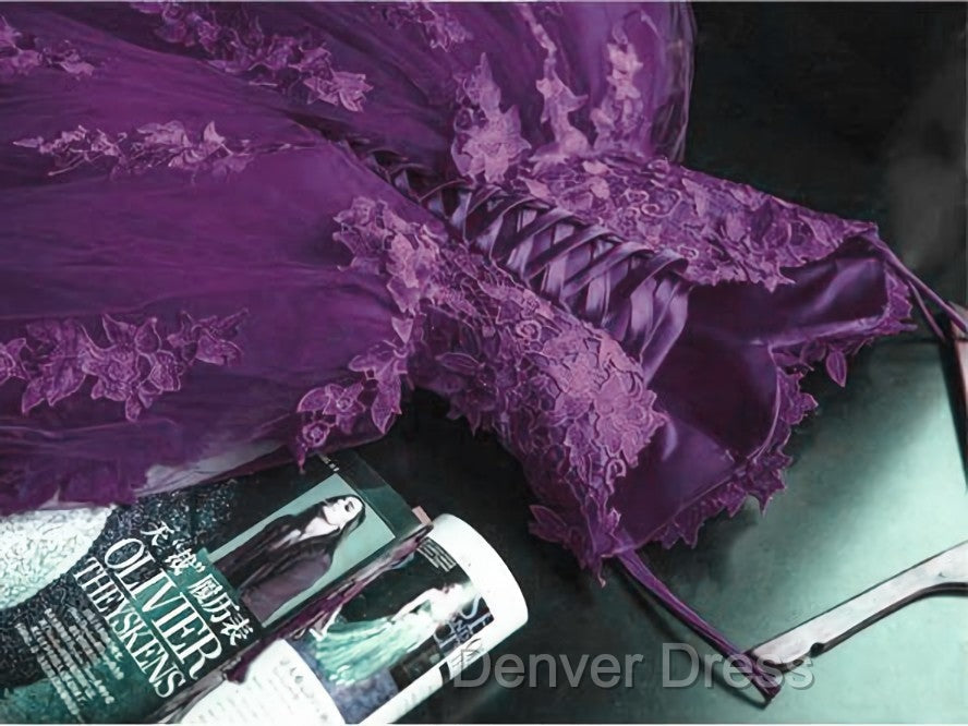 Charming Ball Gown Purple Tulle Sweetheart Lace Applique Formal Dresses, Purple Sweet 16 Dresses