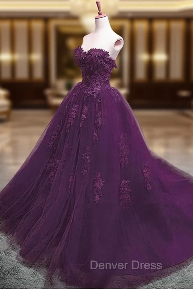 Charming Ball Gown Purple Tulle Sweetheart Lace Applique Formal Dresses, Purple Sweet 16 Dresses